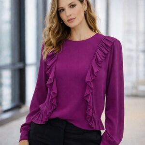 Isabel Lu Ruffled Blouse Chiffon Long Sleeve Purple Fuschia Pink Key Hole Sz S